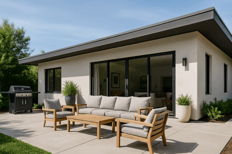 Modern flat-roof home with patio and outdoor furniture, viewed from the ground